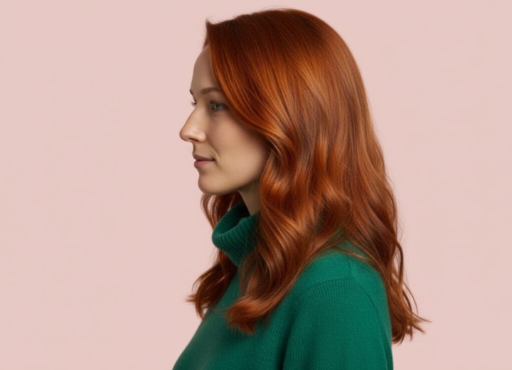 Lang rood haar met prachtige golven – zijaanzicht