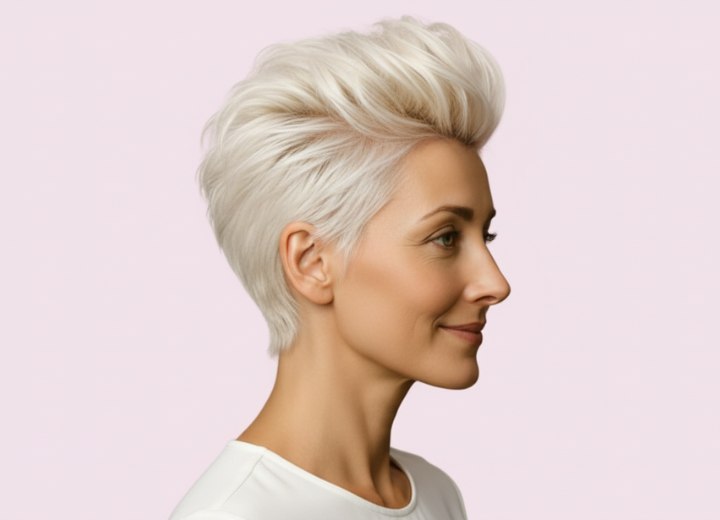 Zeer kort platina blond haar – zijaanzicht