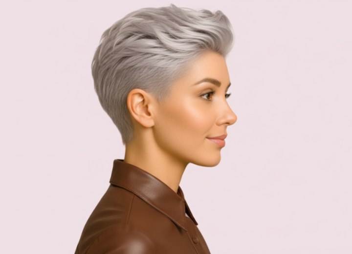 Kort vrouwelijk haar met buzzcut zijkanten – zijaanzicht