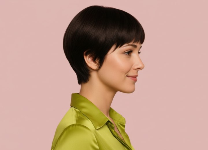 Korte haarstijl met een rechte pony - Zijaanzicht