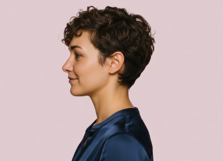 Vrouwelijke korte haarsnit met krullen - Zijaanzicht