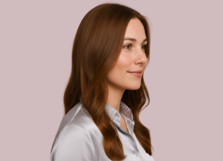 Lang golvend haar dat onder de schouders valt - Zijaanzicht