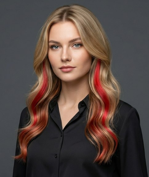 Lang blond haar met rode en oranje lokken