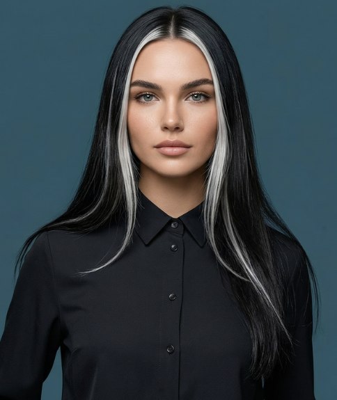 Lang zwart haar met witte lokken