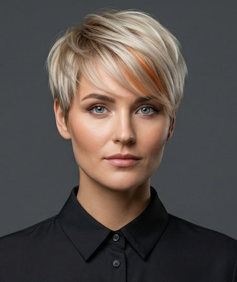 Blonde korte coupe met een koperen accentkleur