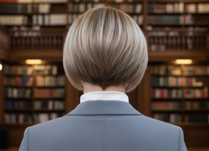 Korte blonde bob met een schuine kniplijn - Achteraanzicht