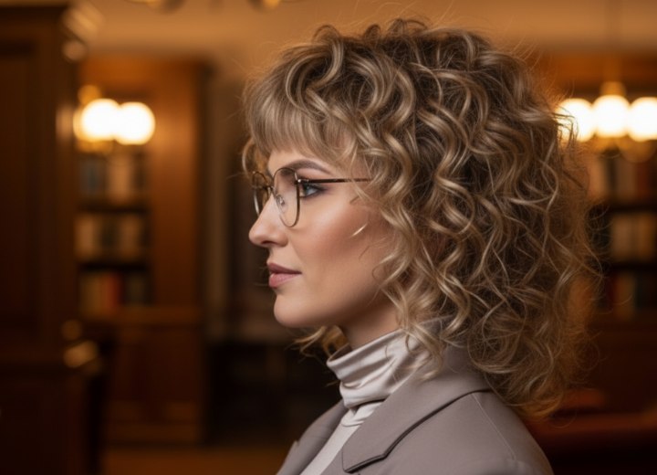 Krullerig halflang haar en een coltrui - Zijaanzicht