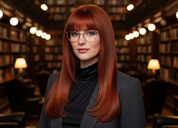 Lang en steil rood haar met een pony