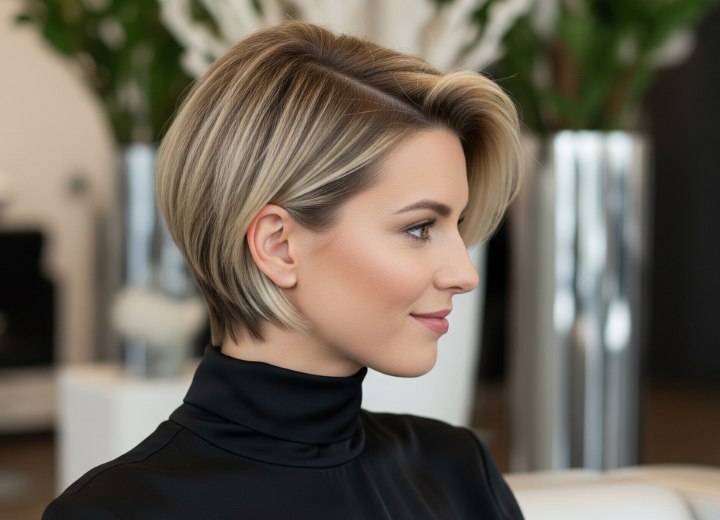 Kort blond kapsel met diepe zijscheiding