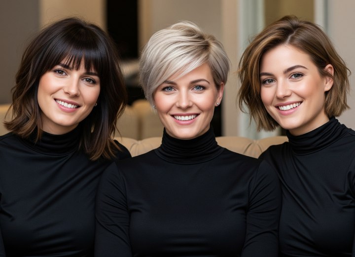 Vrouwen met modieuze kapsels en glanzende zwarte coltruien