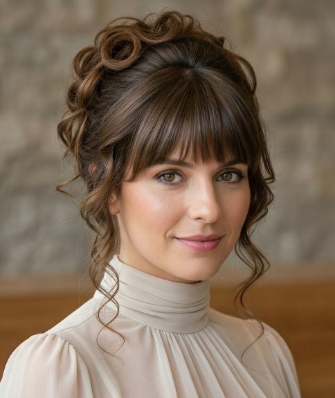 Opgestoken kapsel dat het gezicht en de hals omlijst