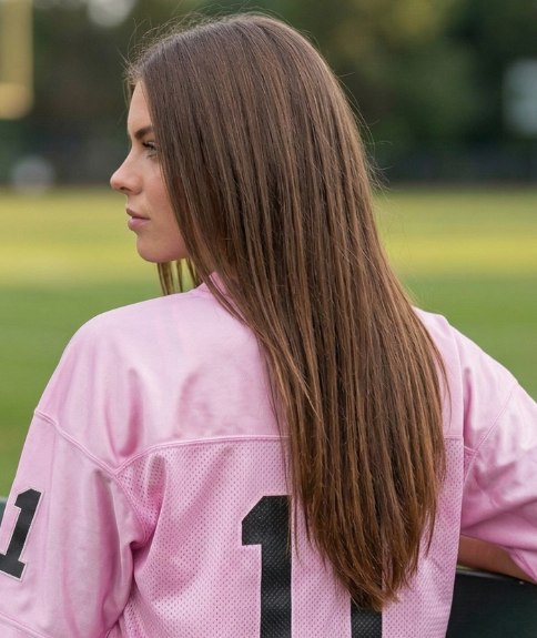 Vrouw met lang en glad chocoladebruin haar