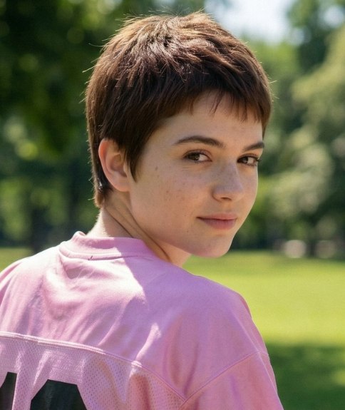 Vrouw met zeer kort haar, gekleed in een American-footballshirt