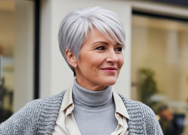 Zachte pixie cut voor grijs haar