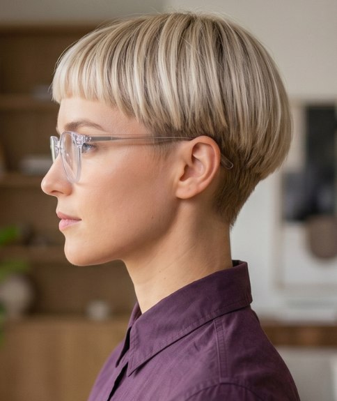 Zeer kort platinablond haar, gecombineerd met een bril