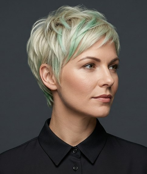 Kort blond haar met mintgroene lokken