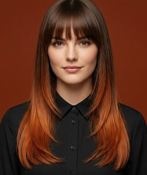 Lang bruin haar met een koperen balayage
