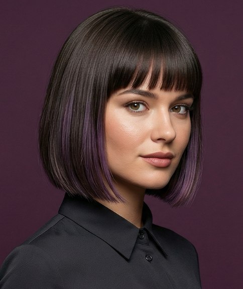 Bruine bob met paarse kleuraccenten