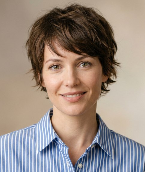 Vrouw met een oversized hemd en zorgeloos kort haar