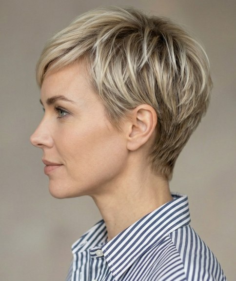 Blonde pixiecut met een lange pony
