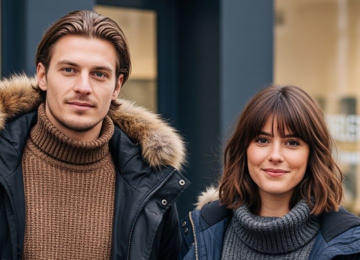 Man met zijn haar naar achteren gestyled met gel en vrouw met een golvende bob tot boven de schouders