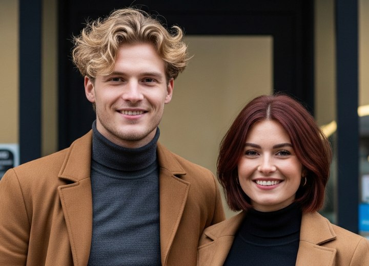 Man met kort blond golvend haar en vrouw met een bob tot halverwege de nek