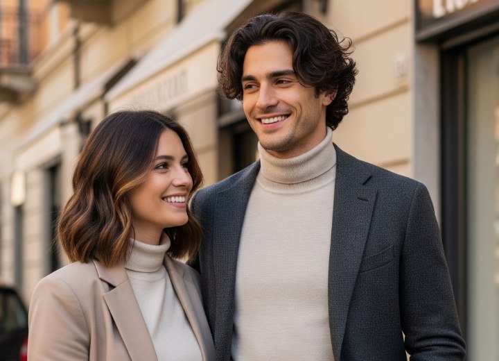 Man met golvend haar met lagen en vrouw met een lange bruine bob