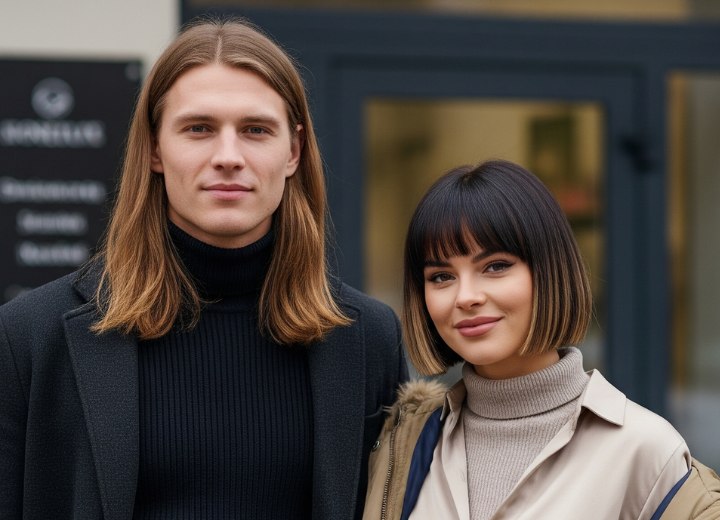 Man met lang haar en vrouw met een bob die aan de voorkant langer is