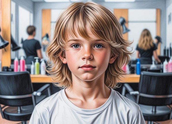 Halflang jongenskapsel met lagen voor een surfer look