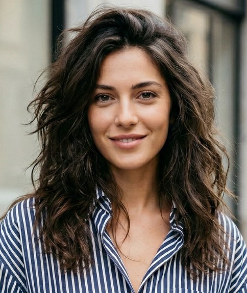 Donker, golvend haar met lagen