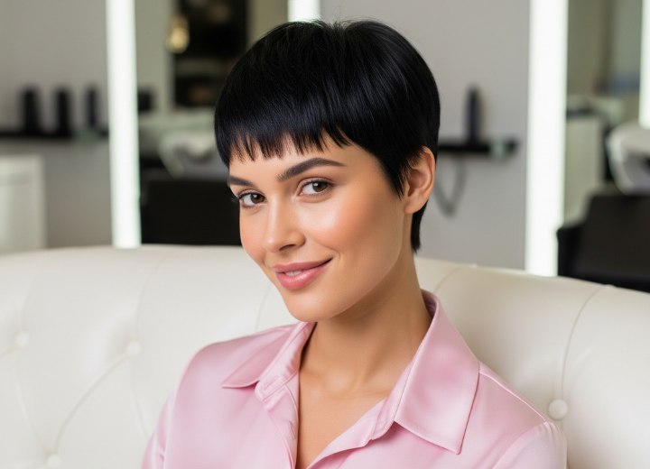 Donkerbruine pixie cut met korte pony