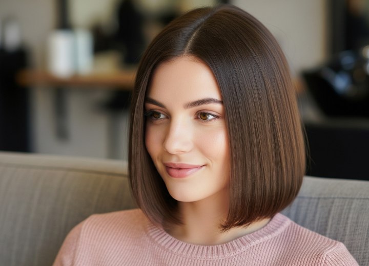 Lange, strakke bruine bob met middenscheiding