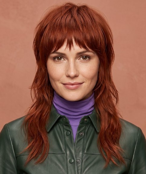 Lang rood haar met lagen en een lichte pony