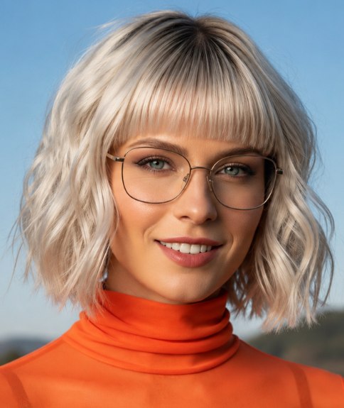 Golvende blonde bob met een pony