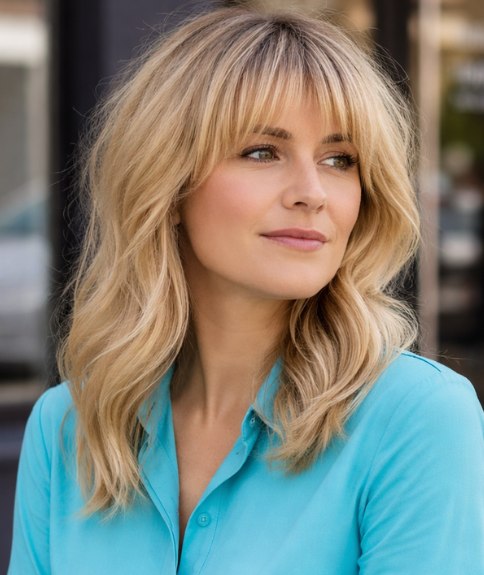 Lang blond haar met zachte pony