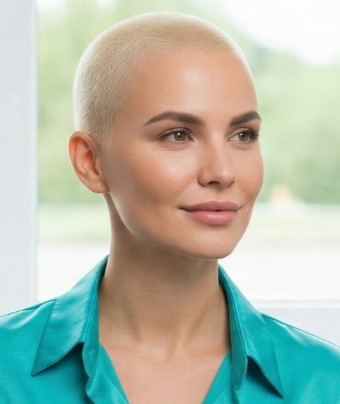 Vrouw met platinablond haar in een buzzcut