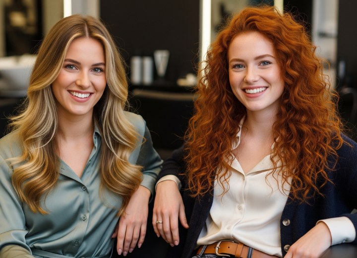 Lang bruin haar met golven en rood haar met krullen