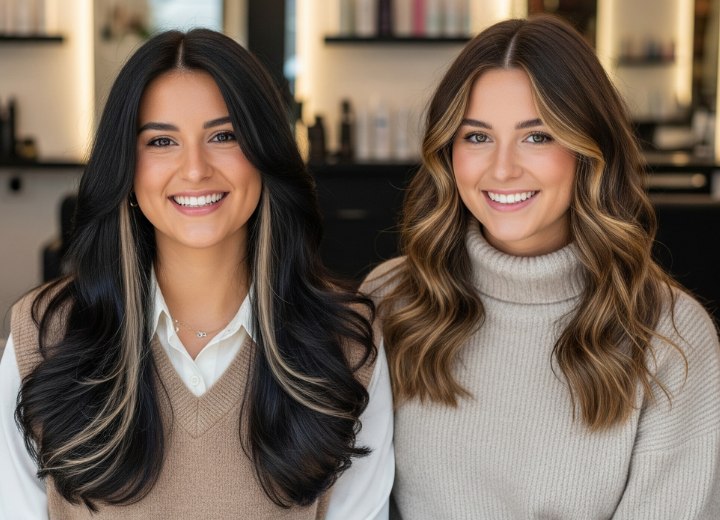 Donkerbruin haar met blonde highlights en lang haar met gouden golven