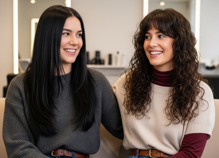 Steil en zijdezacht lang bruin haar en haar met veerkrachtige krullen