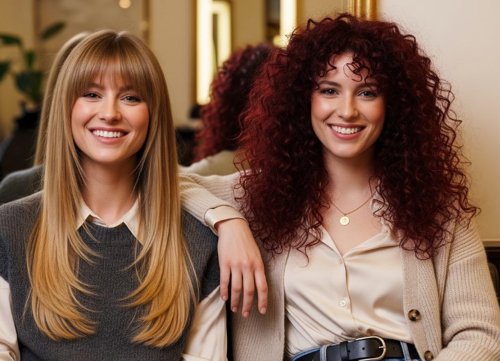 Gelaagd lang blond haar en donkerrood haar met krullen