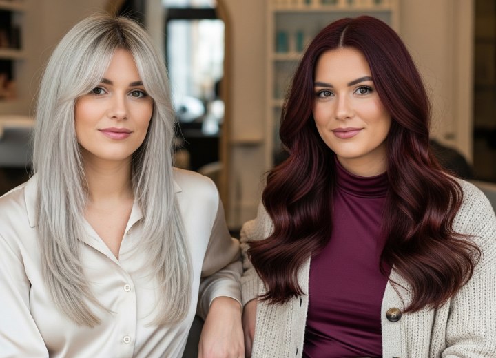 Steil lang platinablond haar en donkerrood haar met golven