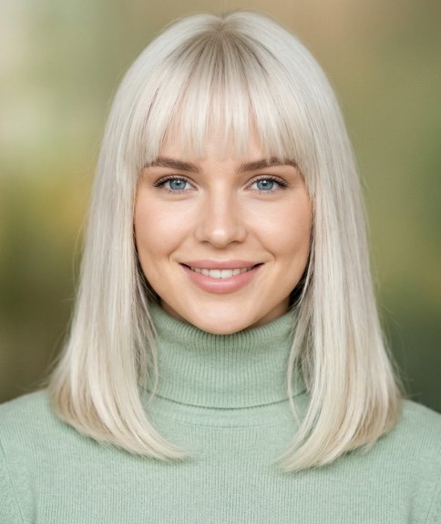 Zeer lange blonde bob met een pony