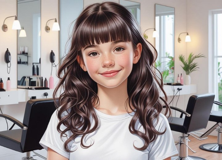 Meisjeskapsel met krullen en een rechte pony
