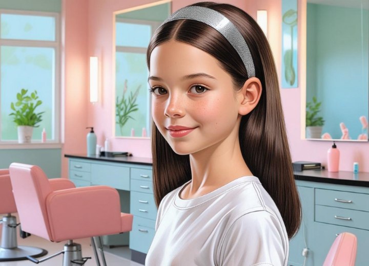 Meisjeskapssel met glad haar en een zilveren haarband