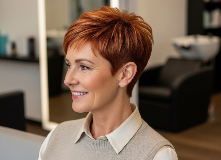 Koperkleurige pixiecut voor oudere vrouwen