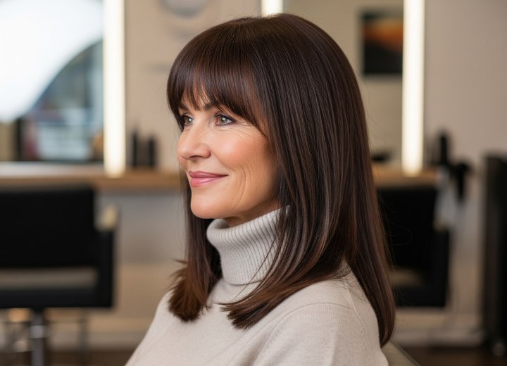 Lang haar met pony voor oudere vrouwen