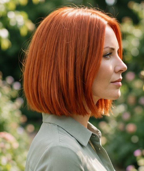 Koperkleurig haar, geknipt in een strakke bob