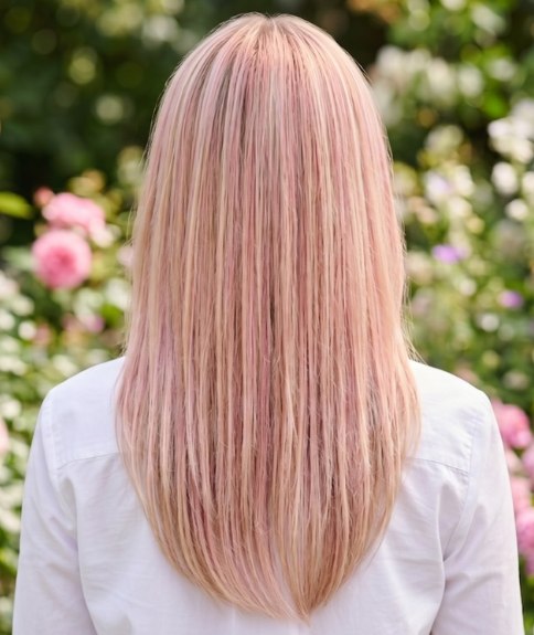 Blond haar tot voorbij de schouders met roze lokken