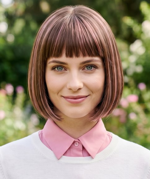 Strakke, korte bob voor bruin haar met roze highlights