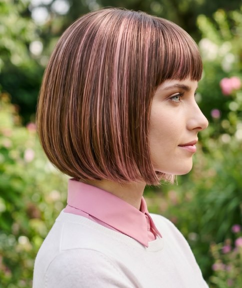 Bruin haar met roze highlights, geknipt in een kinlange bob